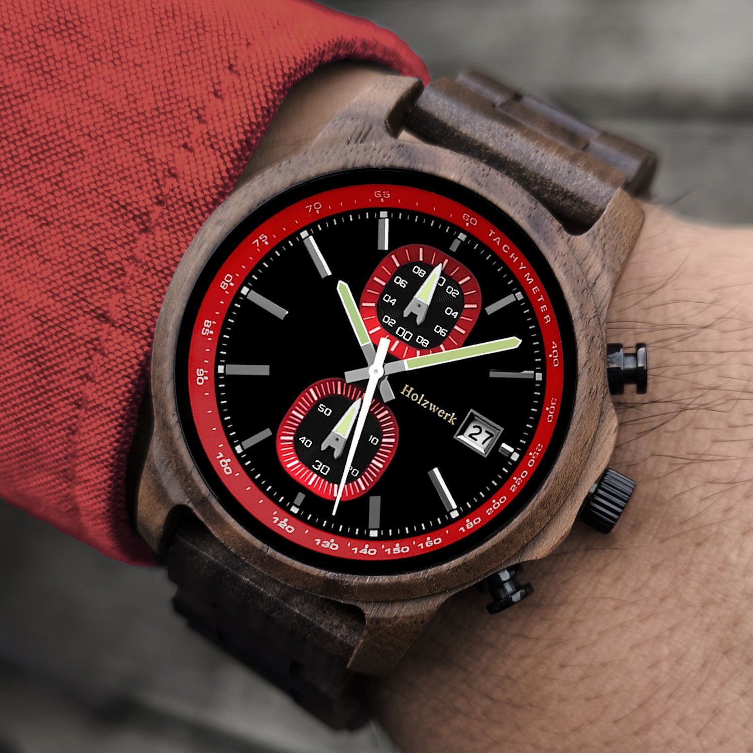 Holzwerk ROTENBURG Holz Uhr Chronograph mit Datum, schwarz, rot, am Handgelenk