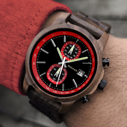 Holzwerk ROTENBURG Holz Uhr Chronograph mit Datum, schwarz, rot, am Handgelenk