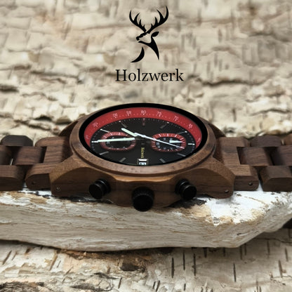 Holzwerk ROTENBURG Holz Uhr Chronograph mit Datum, schwarz, rot, seitlich liegend