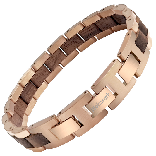 Holzwerk ROTHSEE braun-roségoldfarbenes Armband aus hochwertigem Holz und Edelstahl mit Gliederkonstruktion, Frontansicht