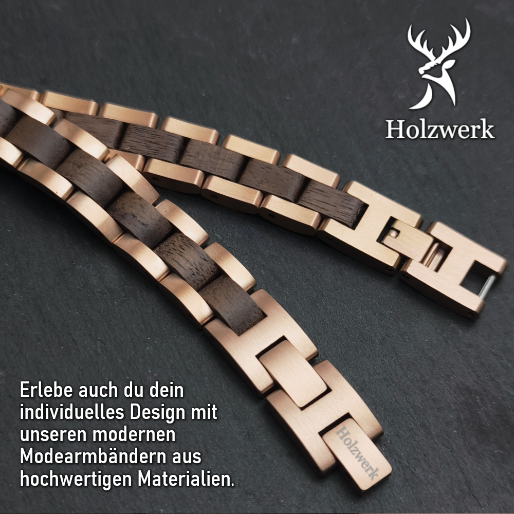Holzwerk ROTHSEE braun-roségoldfarbenes Armband aus hochwertigem Holz und Edelstahl, Detailaufnahme der Glieder