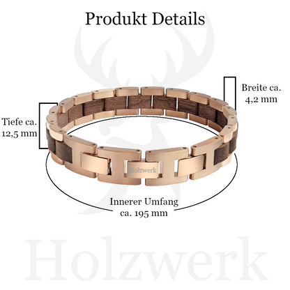 Holzwerk ROTHSEE braun-roségoldfarbenes Armband aus hochwertigem Holz und Edelstahl mit Maßangaben
