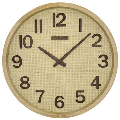 Holzwerk SAARBURG 30 cm Quarz-Wanduhr mit Rattan Design, beigem Zifferblatt und braunen Zeigern, Frontanansicht