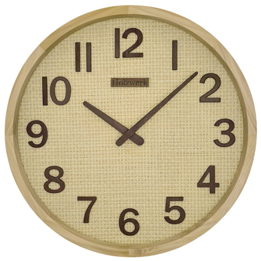 Holzwerk SAARBURG 30 cm Quarz-Wanduhr mit Rattan Design, beigem Zifferblatt und braunen Zeigern, Frontanansicht