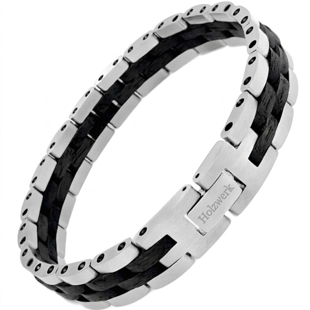 Holzwerk SANDASEE silber-schwarzes Holz Armband aus Ebonyholz und Edelstahl mit Gliederkonstruktion Schrägansicht