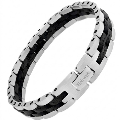 Holzwerk SANDASEE silber-schwarzes Holz Armband aus Ebonyholz und Edelstahl mit Gliederkonstruktion Schrägansicht