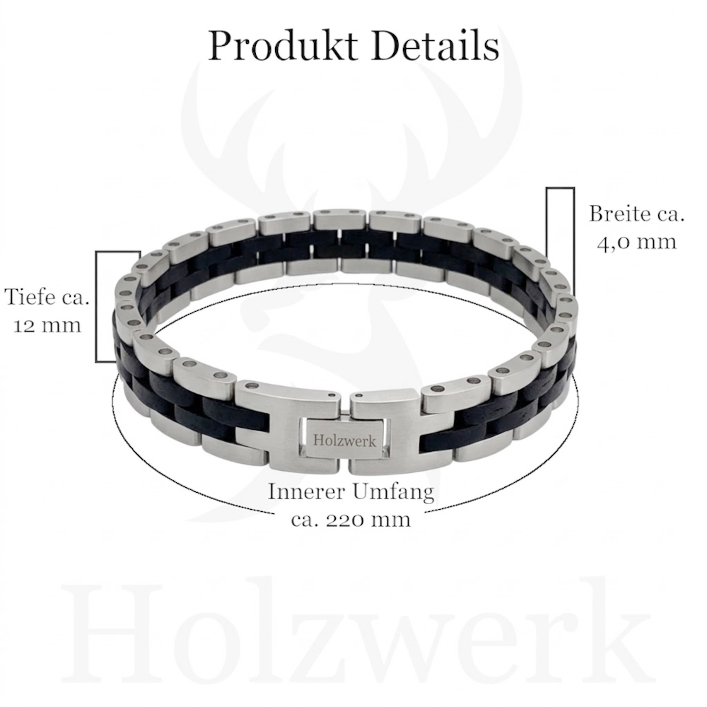 Holzwerk SANDASEE silber-schwarzes Holz Armband aus Ebonyholz und Edelstahl mit Gliederkonstruktion mit Maßangaben
