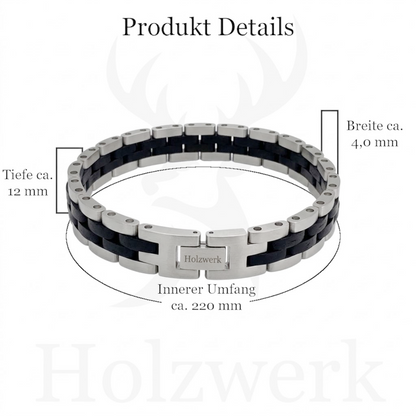 Holzwerk SANDASEE silber-schwarzes Holz Armband aus Ebonyholz und Edelstahl mit Gliederkonstruktion mit Maßangaben