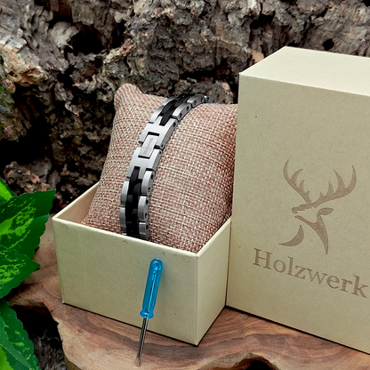 Holzwerk SANDASEE silber-schwarzes Holz Armband aus Ebonyholz und Edelstahl mit Gliederkonstruktion in Holzwerk Uhrenbox