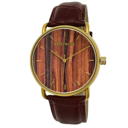 Holzwerk SARSTEDT moderne Leder & Edelstahl Holz Uhr, gold, braun, Hauptbild