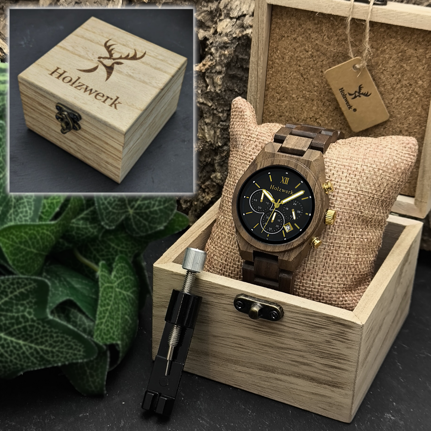 Holzwerk SASSNITZ Chronographen-Uhr aus Walnuss-Holz mit Chronographen und Datumsanzeige, Ansicht der Holzwerk Verpackung