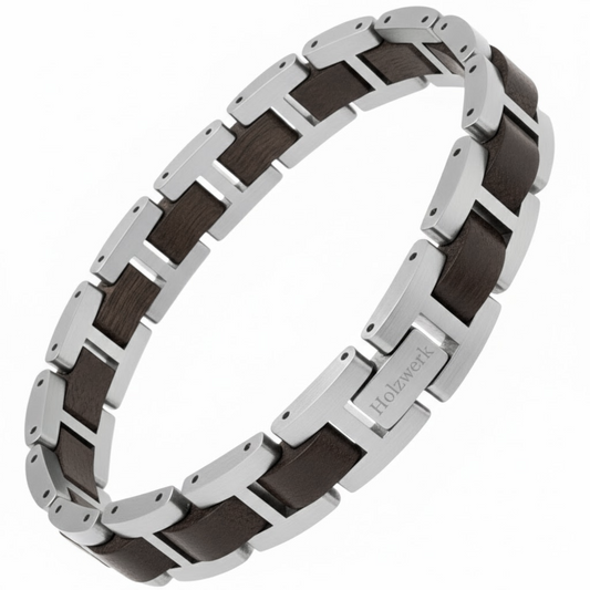 Holzwerk SCHLIERSEE silber-braunes Holz Armband aus Ebonyholz und Edelstahl mit Gliederkonstruktion Frontansicht