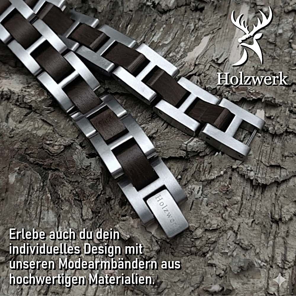 Holzwerk SCHLIERSEE silber-braunes Holz Armband aus Ebonyholz und Edelstahl, Detailansicht der Gliederkonstruktion