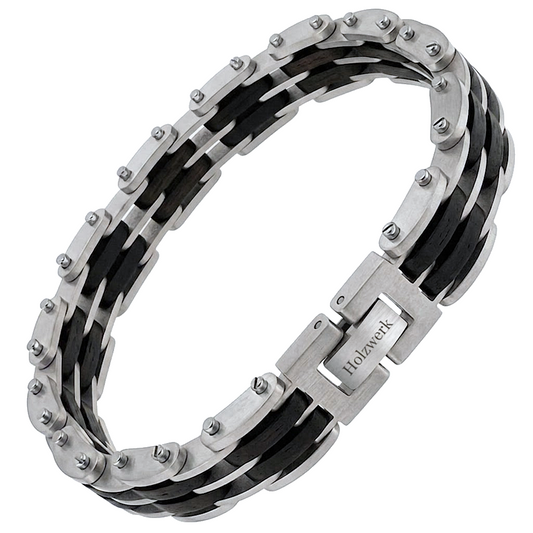 Holzwerk SCHURMSEE silber-schwarzes Holz Armband aus Ebonyholz und Edelstahl mit Gliederkonstruktion, Frontansicht