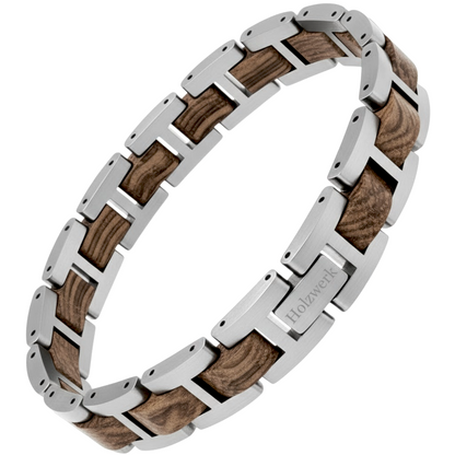 Holzwerk SILBERSEE silber-braunes  Holz Armband aus Zebraholz und Edelstahl mit Gliederkonstruktion Frontansicht