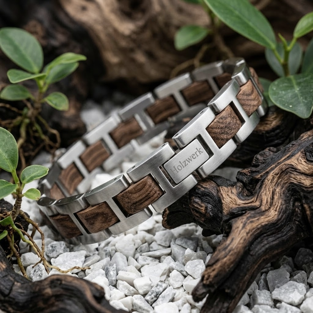 Holzwerk SILBERSEE silber-braunes  Holz Armband aus Zebraholz und Edelstahl mit Gliederkonstruktion, Lifestyle Foto auf Holz