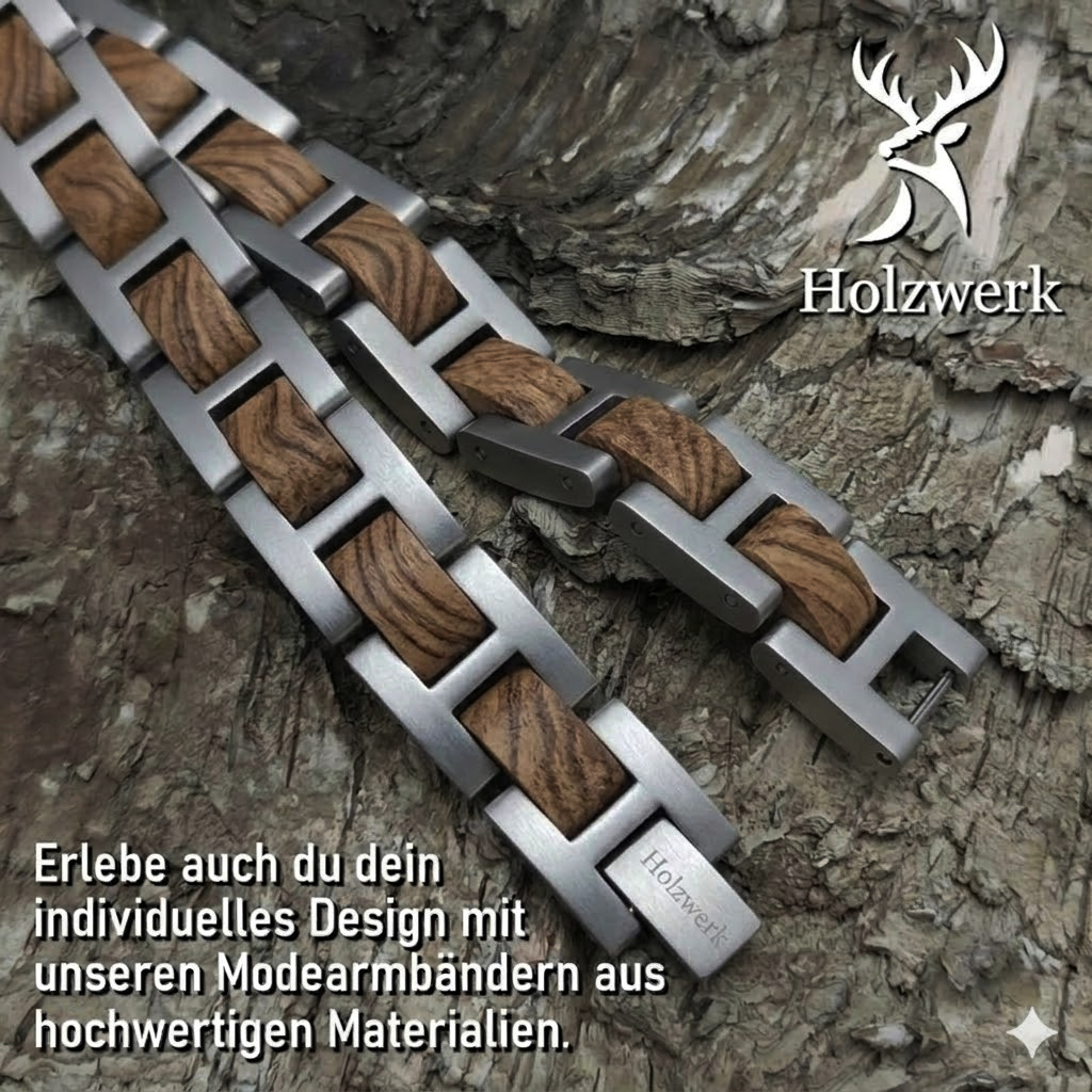Holzwerk SILBERSEE silber-braunes  Holz Armband aus Zebraholz und Edelstahl, Detailansicht der Gliederkonstruktion mit Klappverschluss
