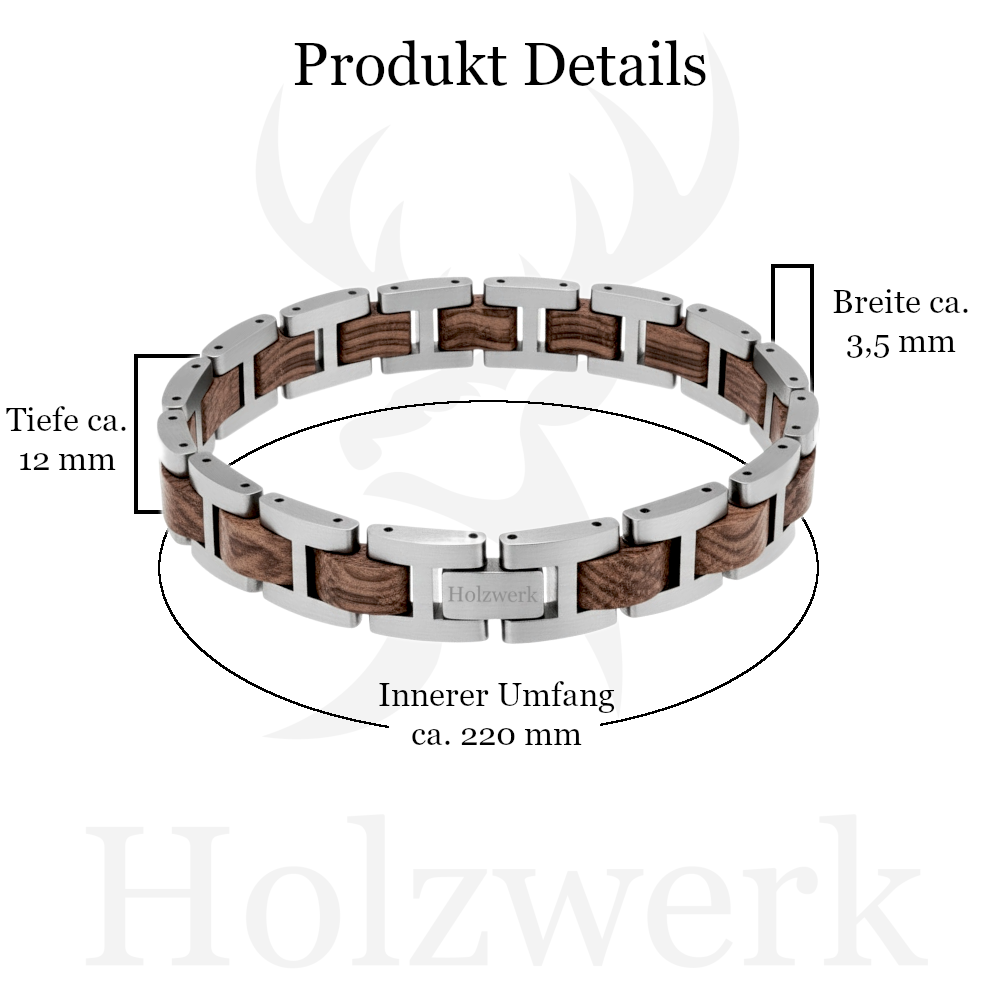 Holzwerk SILBERSEE silber-braunes  Holz Armband aus Zebraholz und Edelstahl mit Gliederkonstruktion mit Maßangaben