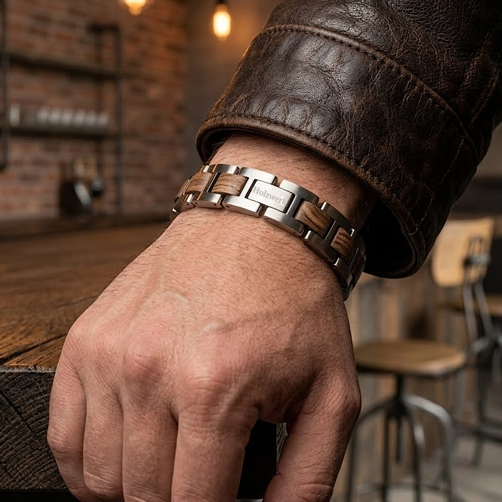 Holzwerk SILBERSEE silber-braunes  Holz Armband aus Zebraholz und Edelstahl mit Gliederkonstruktion am Handgelenk getragen