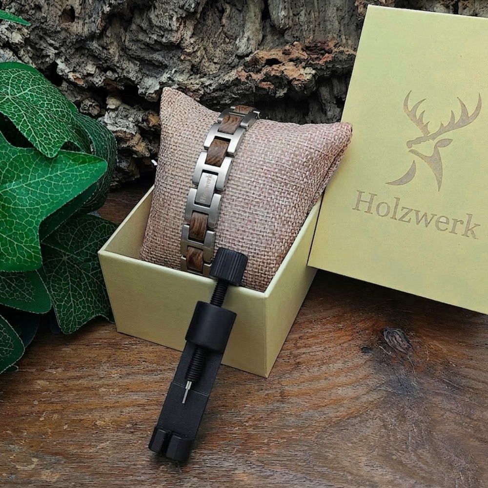 Holzwerk SILBERSEE silber-braunes  Holz Armband aus Zebraholz und Edelstahl mit Gliederkonstruktion in Holzwerk Uhrenbox