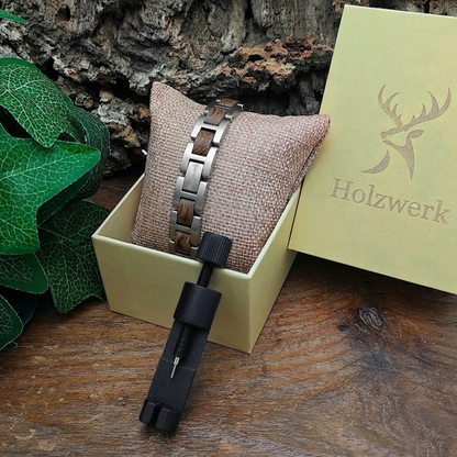 Holzwerk SILBERSEE silber-braunes  Holz Armband aus Zebraholz und Edelstahl mit Gliederkonstruktion in Holzwerk Uhrenbox