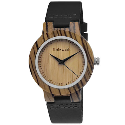 Holzwerk SINA BLACK Damenuhr aus Holz mit beigem Zifferblatt, schwarzem Lederarmband und analogem Quarzwerk, frontal