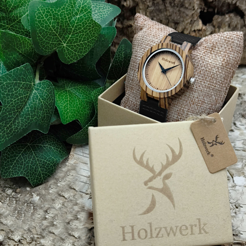 Holzwerk SINA BLACK Damen Quarzuhr aus Holz mit beigem Zifferblatt, schwarzem Lederarmband, Detailansicht der Verpackung