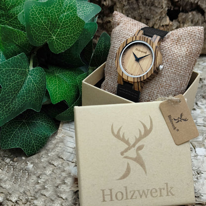 Holzwerk SINA BLACK Damen Quarzuhr aus Holz mit beigem Zifferblatt, schwarzem Lederarmband, Detailansicht der Verpackung