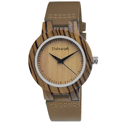 Holzwerk SINA BROWN Damenuhr aus Holz mit beigem Zifferblatt, braunem Lederarmband und analogem Quarzwerk, frontal