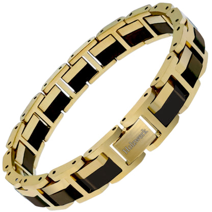 Holzwerk STAFSEE Armband aus Ebonyholz und Edelstahl in Gold und Braun mit Gliederdesign und Klappverschluss, Frontal