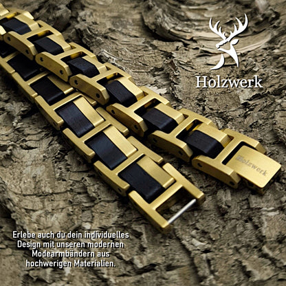 Detailaufnahme der des Holzwerk STAFSEE Armbands aus Ebonyholz und Edelstahl in Gold und Braun mit Gliederdesign und Klappverschluss