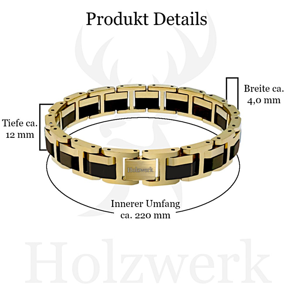 Holzwerk STAFSEE Armband aus Ebonyholz und Edelstahl in Gold und Braun mit Gliederdesign mit Maßangaben