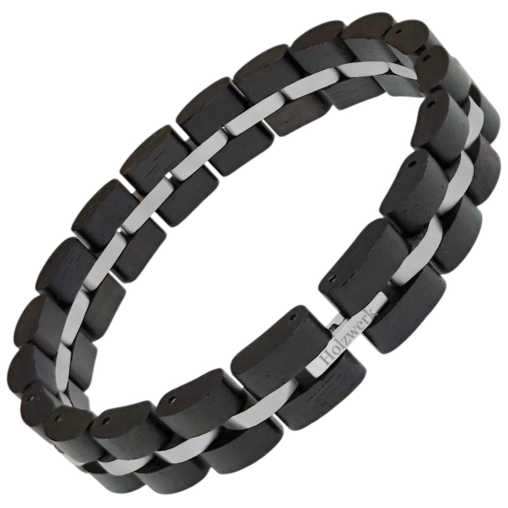 Holzwerk STEINSEE braun-silbernes  Holz Armband aus Ebenholz und Edelstahl mit Gliederkonstruktion Frontansicht