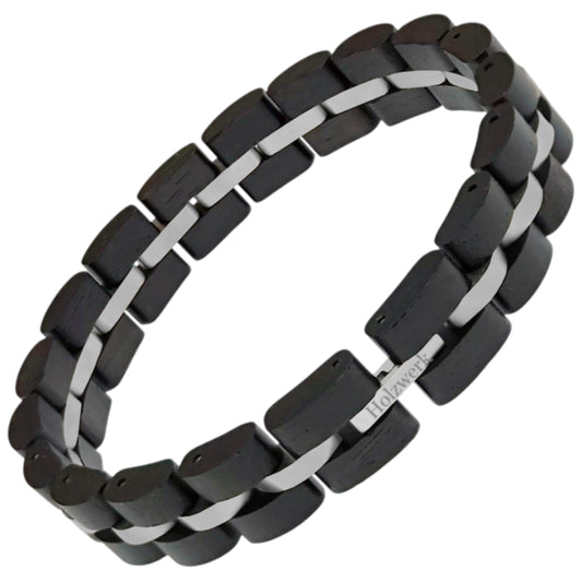 Holzwerk STEINSEE braun-silbernes  Holz Armband aus Ebenholz und Edelstahl mit Gliederkonstruktion Frontansicht