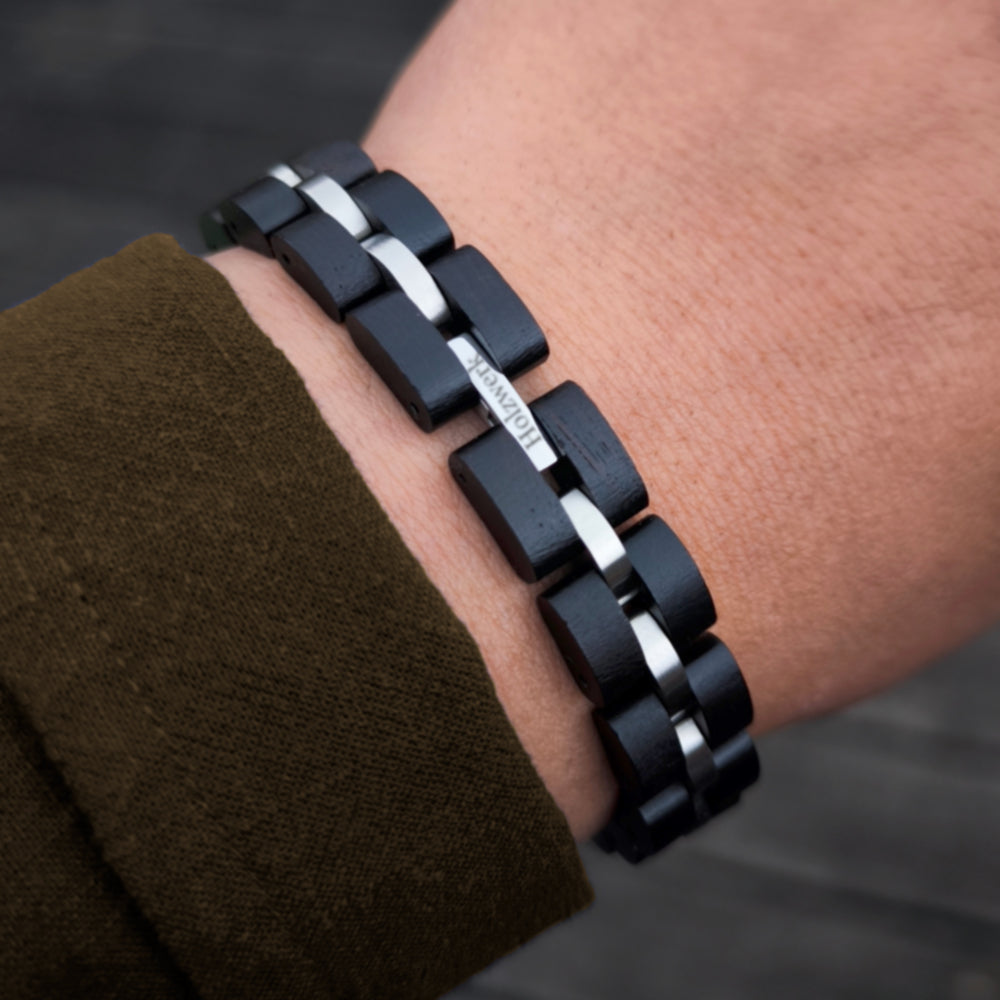 Holzwerk STEINSEE braun-silbernes  Holz Armband aus Ebenholz und Edelstahl mit Gliederkonstruktion am Handgelenk 