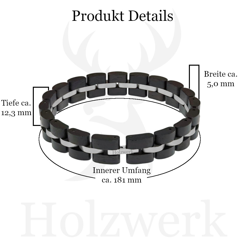 Holzwerk STEINSEE braun-silbernes  Holz Armband aus Ebenholz und Edelstahl mit Gliederkonstruktion mit Maßen 