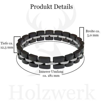 Holzwerk STEINSEE braun-silbernes  Holz Armband aus Ebenholz und Edelstahl mit Gliederkonstruktion mit Maßen 