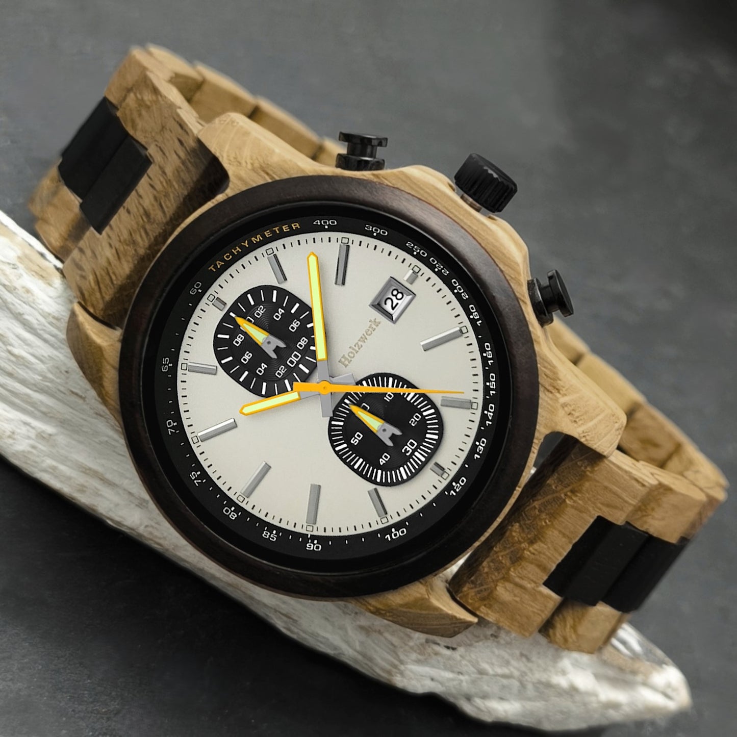 Holzwerk SUDERBURG Holz Uhr Chronograph mit Datum, beige, silber, gelb, links liegend