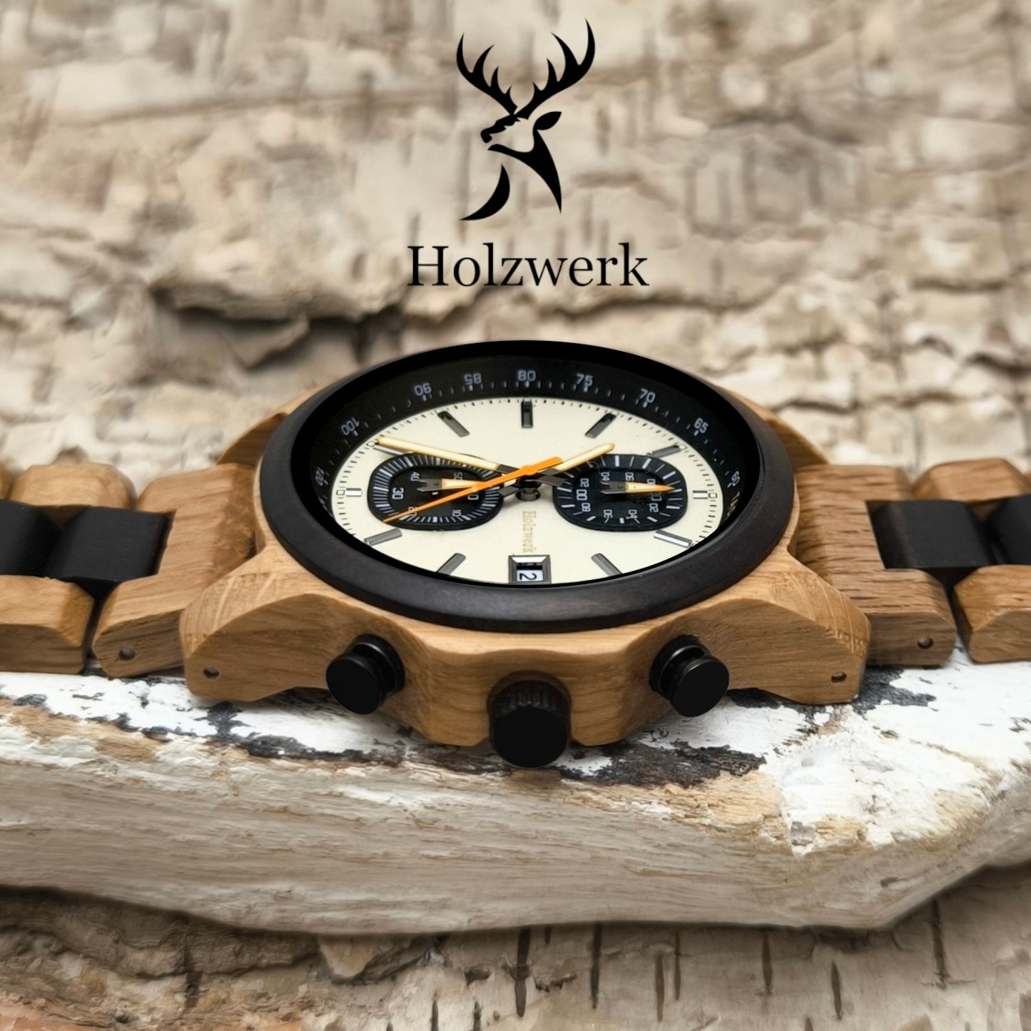 Holzwerk SUDERBURG Holz Uhr Chronograph mit Datum, beige, silber, gelb, seitlich liegend