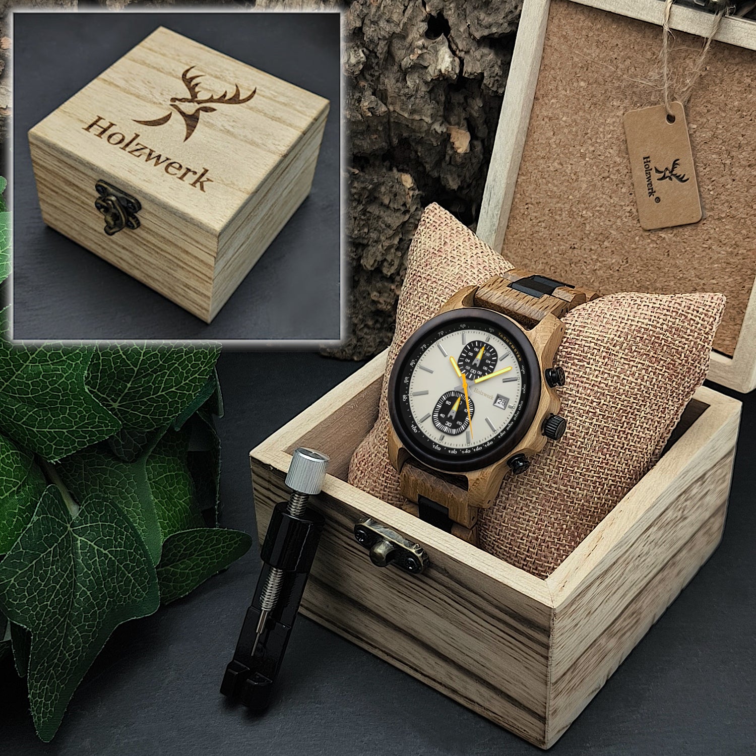 Holzwerk SUDERBURG Holz Uhr Chronograph mit Datum, beige, silber, gelb, Uhrenbox