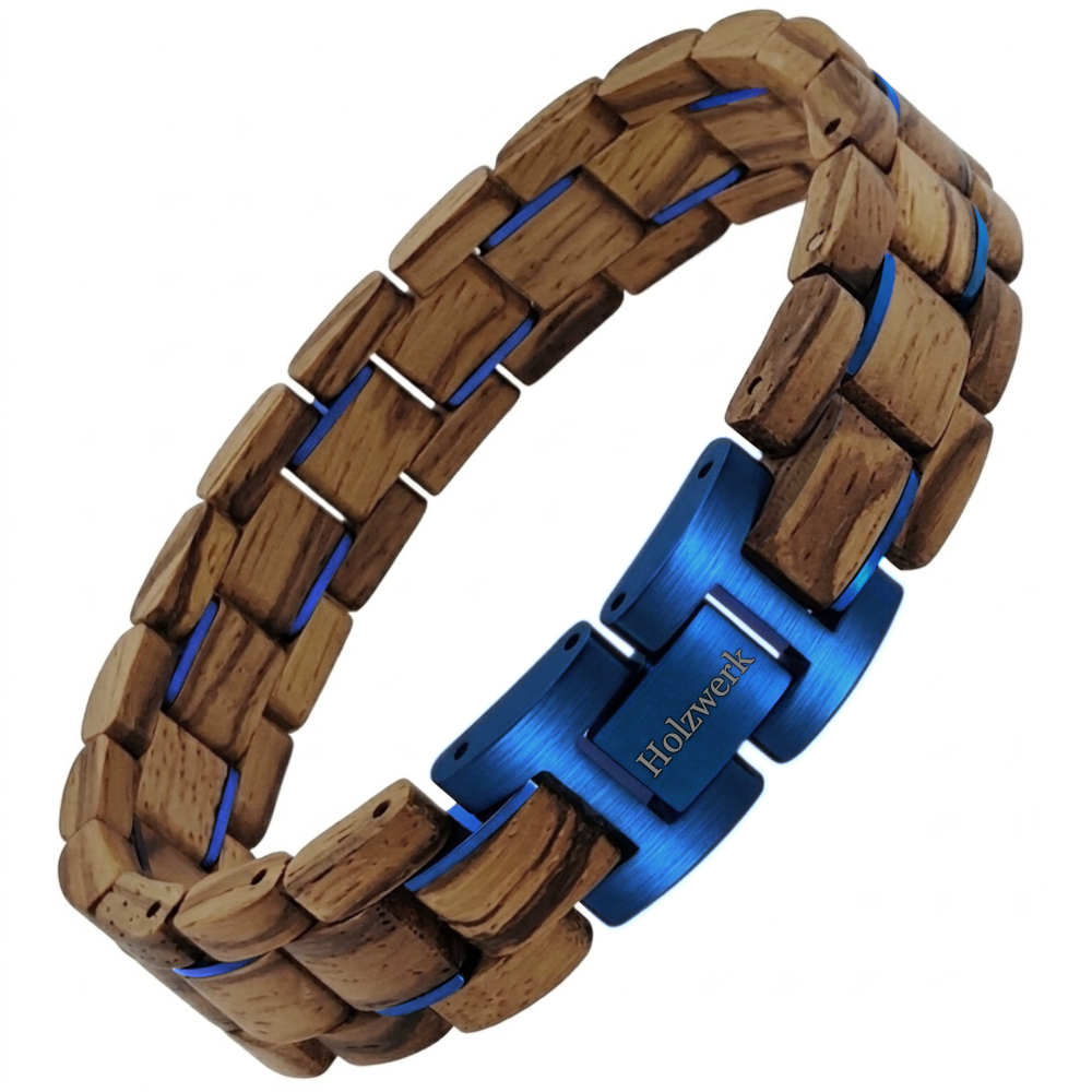 Holzwerk SUEDSEE blau-braunes Holz-Armband aus Zebraholz und Edelstahl mit Gliederkonstruktion, Frontansicht