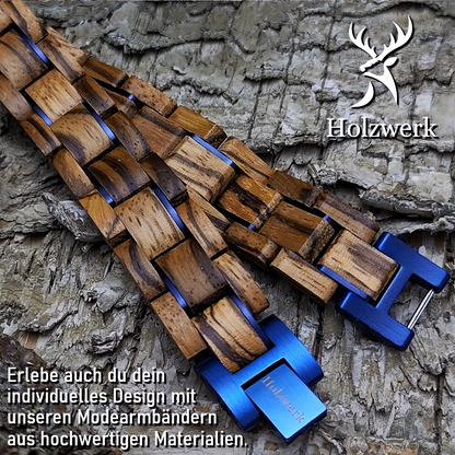 Holzwerk SUEDSEE blau-braunes Holz-Armband aus Zebraholz und Edelstahl, Detailansicht der Gliederkonstruktion und Klappverschluss