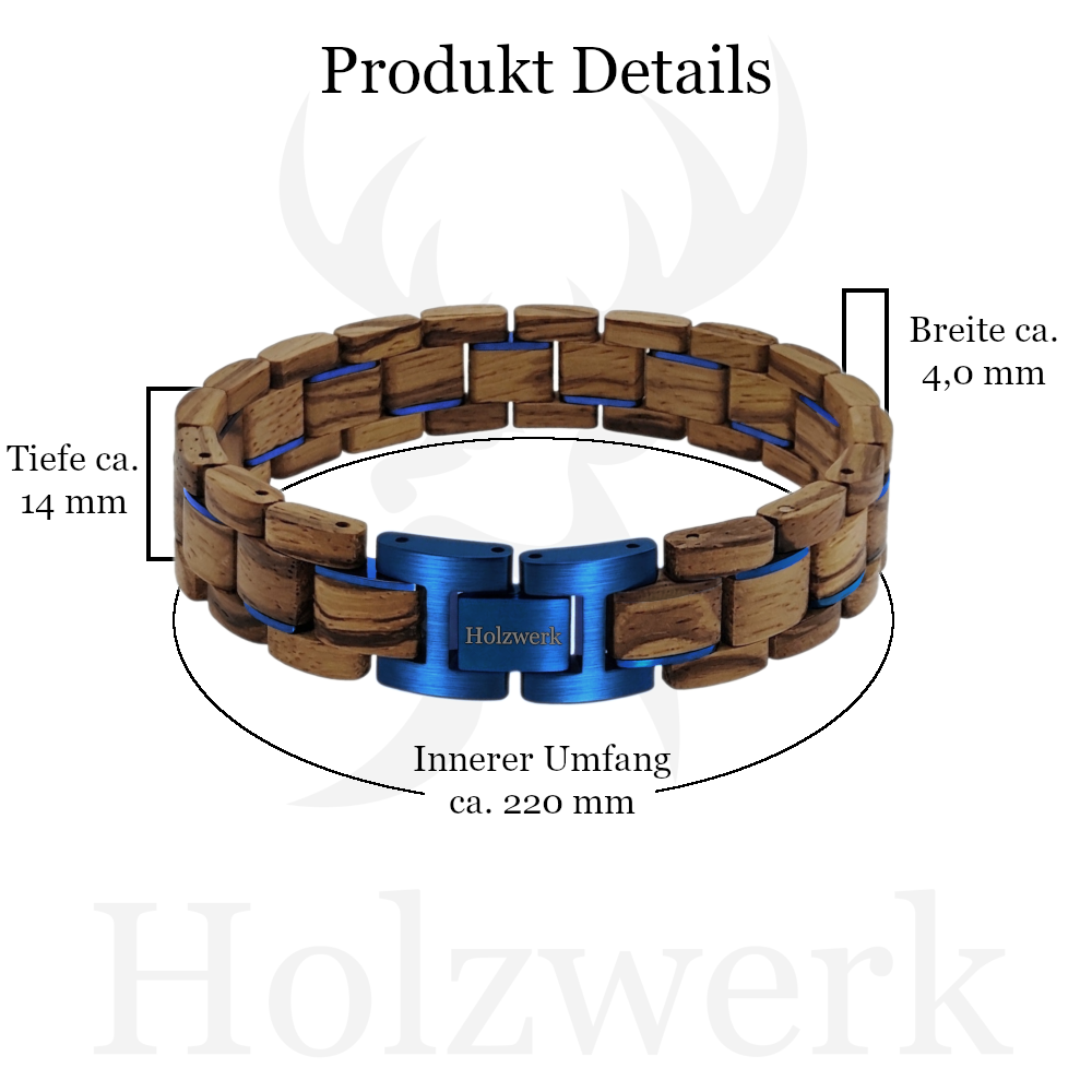 Holzwerk SUEDSEE blau-braunes Holz-Armband aus Zebraholz und Edelstahl mit Gliederkonstruktion mit Maßangaben