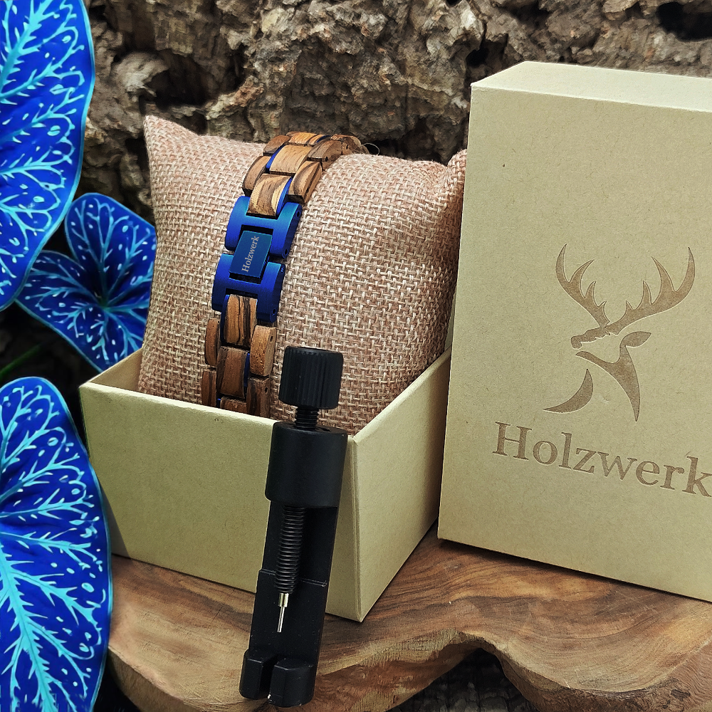 Holzwerk SUEDSEE blau-braunes Holz-Armband aus Zebraholz und Edelstahl mit Gliederkonstruktion in Holzwerk Uhrenbox