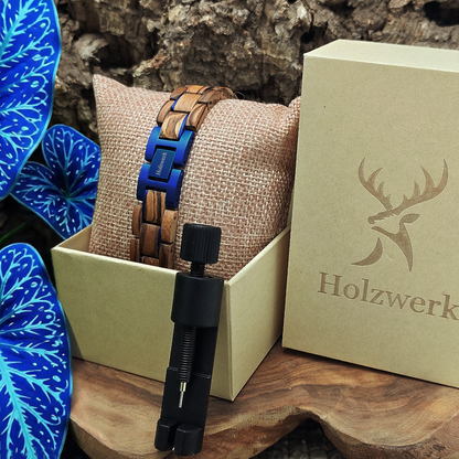 Holzwerk SUEDSEE blau-braunes Holz-Armband aus Zebraholz und Edelstahl mit Gliederkonstruktion in Holzwerk Uhrenbox