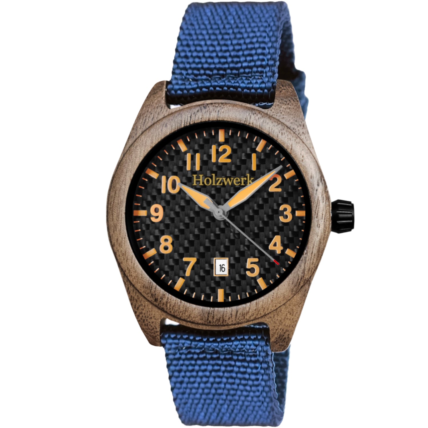 Holzwerk SYLT Unisex Uhr aus Holz mit schwarz-orangenem Zifferblatt, Datum und blauem Textil-Nylonarmband, Frontansicht