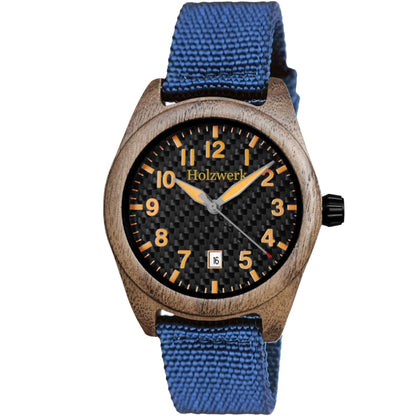 Holzwerk SYLT Unisex Uhr aus Holz mit schwarz-orangenem Zifferblatt, Datum und blauem Textil-Nylonarmband, Frontansicht