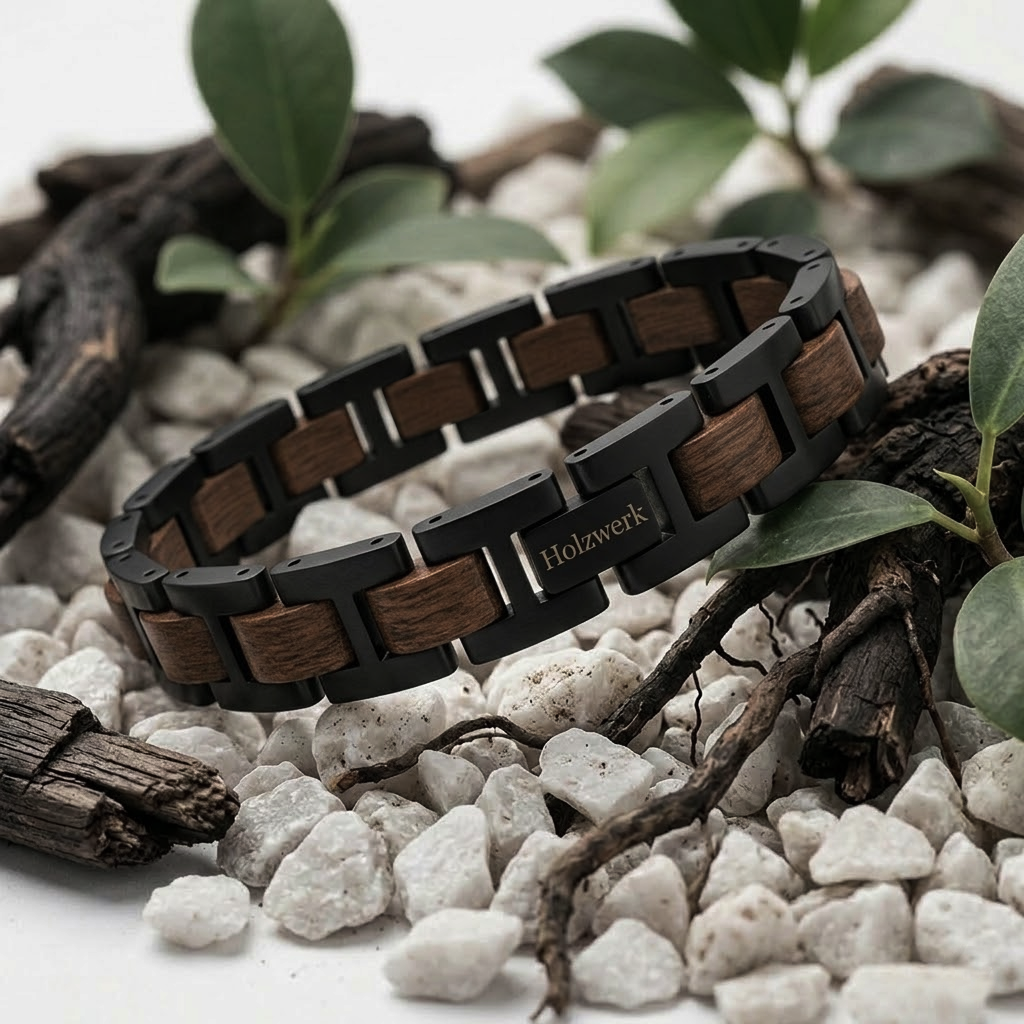 Holzwerk THUMSEE schwarz-braunes Holz Armband aus Walnussholz und Edelstahl, Lifestyle Foto frontal