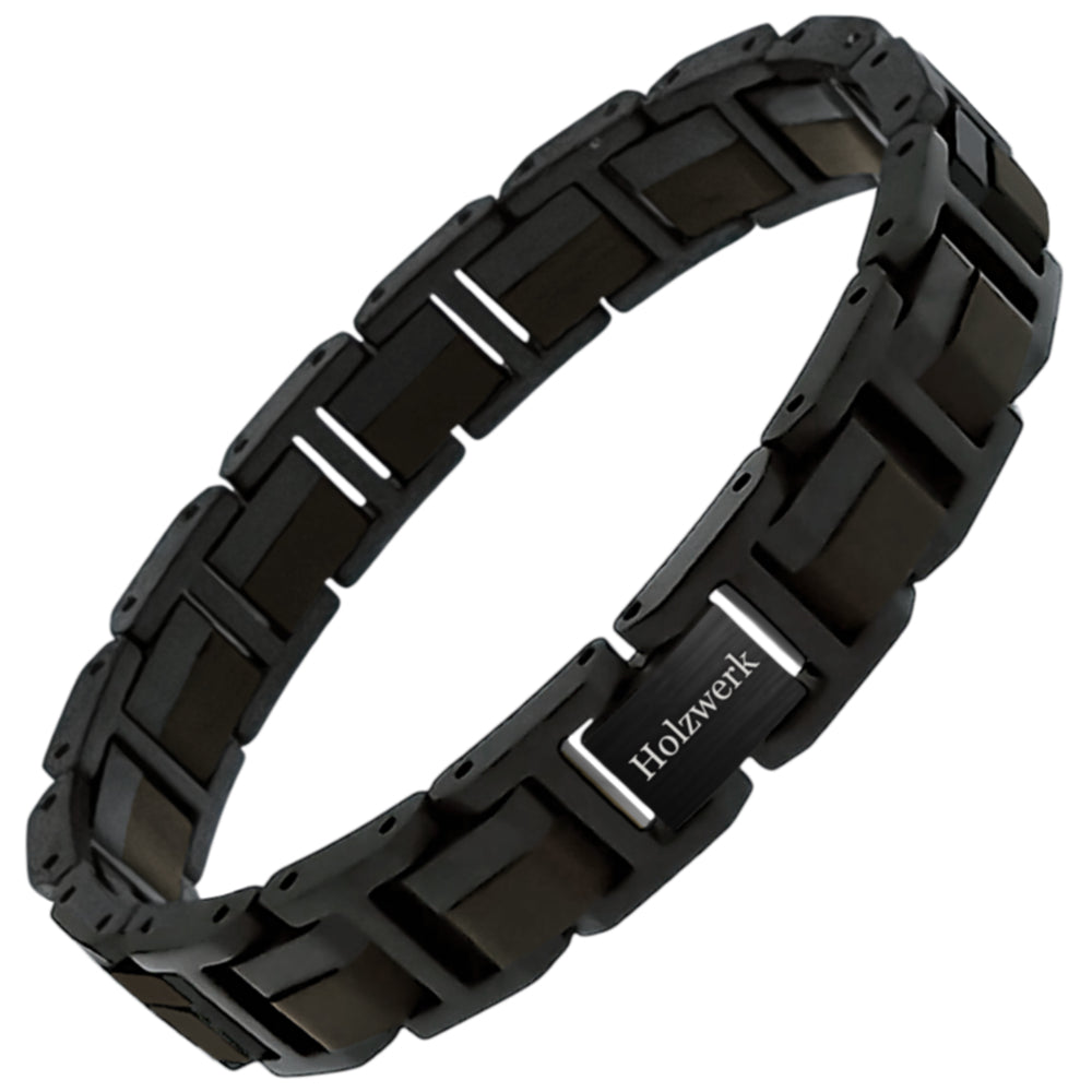 Holzwerk Tiefsee Armband aus Ebonyholz und Edelstahl in Schwarz und Dunkelbraun mit Gliederdesign und Klappverschluss, Frontal