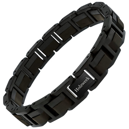 Holzwerk Tiefsee Armband aus Ebonyholz und Edelstahl in Schwarz und Dunkelbraun mit Gliederdesign und Klappverschluss, Frontal